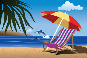 background of sea shore summer day. view dolphin jumping, umbrella and chair