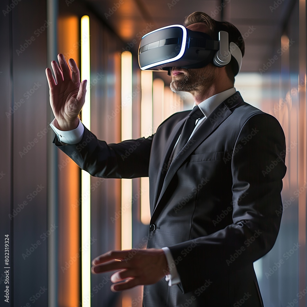Poster Man engages in VR simulation, technology for virtual reality, digital device enhances entertainment.