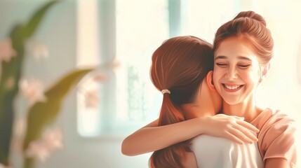 Mother day, cute teen girl hugging mature middle age mum. Love, kiss, care, happy smile enjoy family time. celebrate special occasion, happy birthday, merry Christmas. special day
