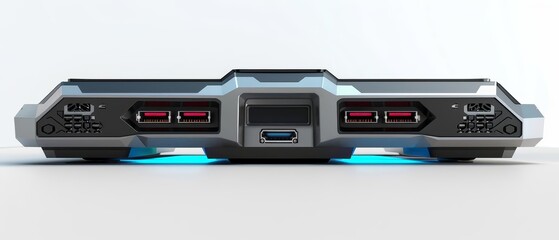 A 3D render of a versatile docking station with a sleek, futuristic design and multiple connectivity ports, isolated on white background