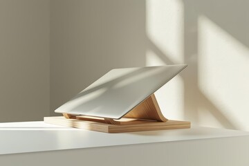 A 3D render of an ergonomic laptop stand in a minimal design, perfect for modern workspaces, isolated on white background