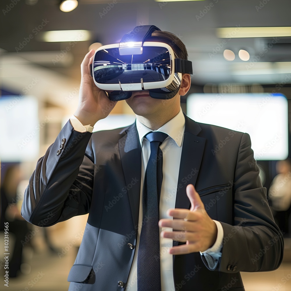 Poster man with vr device, futuristic technology in virtual reality, entertainment innovation with glasses.