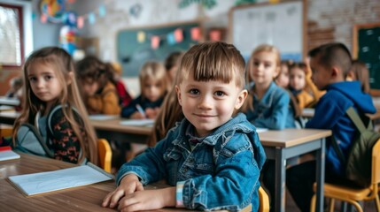 Obraz premium primary elementary school group of children studying in the classroom. learning and sitting at the desk. young cute kids smiling, high quality photo