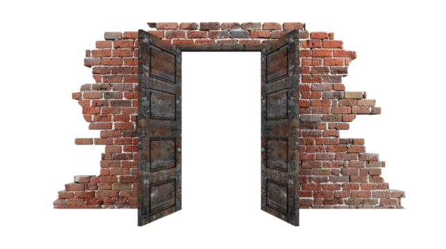 A blank doorway on a grungy decaying brick wall