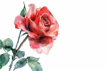 A watercolor painting of a single, clean red rose, so cute and delicate, isolated on white background