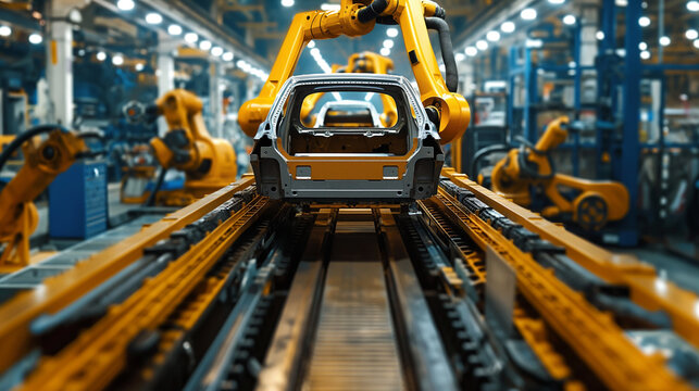 The car factory has yellow robotic arm
