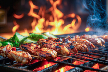 Sizzling skewers on a charcoal grill at a summer barbecue on a terrace.