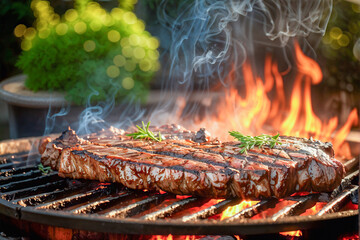 Sizzling steak on a charcoal grill at a summer barbecue in the garden