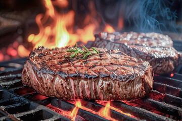 Succulent steaks sizzle on a charcoal grill during a summer barbecue.