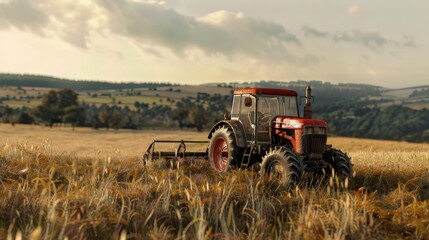 Old tractor on the field in autumn. Tractor on the field