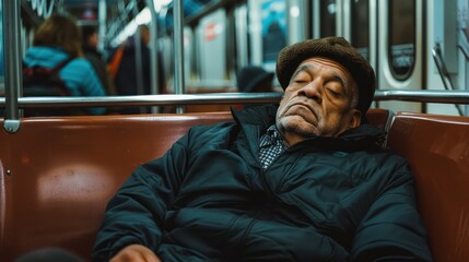 Obraz premium An old man was sleeping in a subway seat.