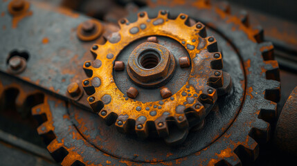 Closeup of an old, rusty gear in the center of a mechanical device