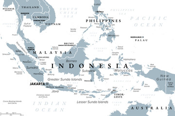 Indonesia, a country in Southeast Asia and Oceania, gray political map. Republic and archipelago with capital Jakarta, and largest islands Sumatra, Java, Sulawesi, and parts of Borneo and New Guinea.