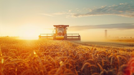 Fototapeta premium Golden Harvest Dance: Combine Cutting Through Ripe Grain Fields