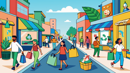 Obraz na płótnie Canvas Vibrant City Shopping Street Scene with Diverse Pedestrians Plastic Bag Free Day