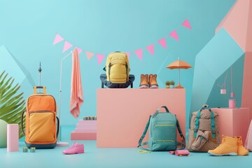 Memorial Day Sale banners flutter above an array of outdoor gear presented on a simple pink plinth, ready for adventurous spirits, product display background