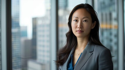Fototapeta premium Successful Asian businesswoman outdoors, confident executive smiling, modern professional in suit,