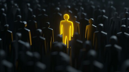 Fototapeta premium Highlighted Yellow Human Shape Standing Out in a Crowd of Dark Figures