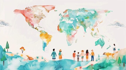 People around the world holding hands in front of the earth, watercolor illustration.