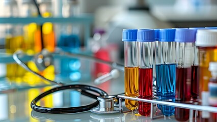Lab setting with test tubes stethoscope and solutions emphasizing science and medicine. Concept Science Lab, Medical Equipment, Test Tubes, Stethoscope, Solutions