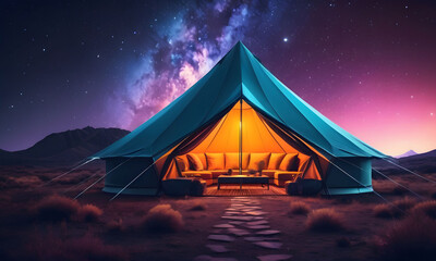 a tent is sitting in the middle of a desert at night under a starry sky