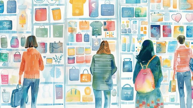 People looking at products in a store window.