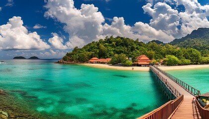 Obraz premium Beautiful blue sea and sky with pier in island, panoramic view of tropical beach resort graphic background for website
