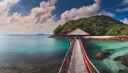Beautiful blue sea and sky with pier in island, panoramic view of tropical beach resort graphic background for website