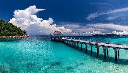 Beautiful blue sea and sky with pier in island, panoramic view of tropical beach resort graphic background for website