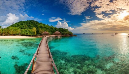 Fototapeta premium Beautiful blue sea and sky with pier in island, panoramic view of tropical beach resort graphic background for website