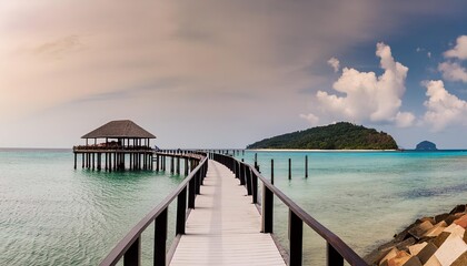 Fototapeta premium Beautiful blue sea and sky with pier in island, panoramic view of tropical beach resort graphic background for website