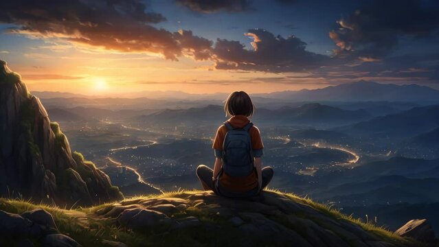 Tranquil moment as a young explorer gazes over a valley at dusk, concept of peace and self-reflection