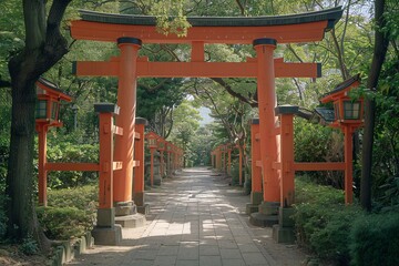 Beautiful red torii gate at Fushimi Inari Taisha Shrine in Kyoto, Japan
