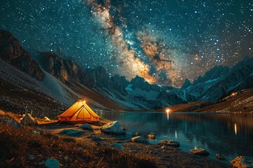Camping on the shore of a mountain lake at night under the starry sky