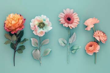 21h against a light teal background, four random flowers, arranged vertically, side by side, in a vintage cottagecore artwork style --ar 3:2 Job ID: 67743fb3-43d1-4d5f-8274-ed1081e054fb