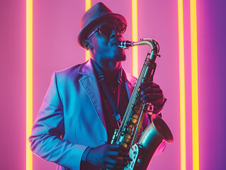 Fototapeta premium Musician playing saxophone with neon background at concert