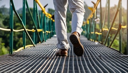 Worker feet walking on metal platform at architect construction site