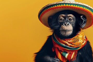 monkey portrait wearing sombrero hat and mexican  banner