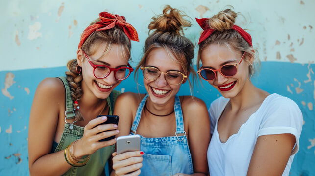 Three girls are laughing merrily - Powered by Adobe