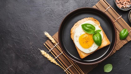 Eggs on toast, healthy breakfast on dark background with copy space top view. Food menu or restaurant banner concept