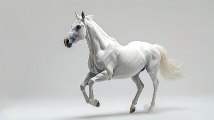 White horse running forward on a white background