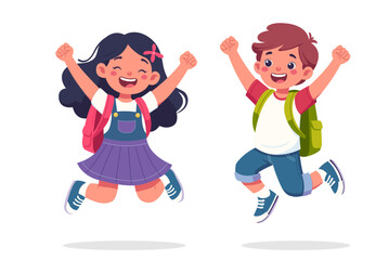 Joyful school children with backpacks in front of them are heading into a new school year. Ideal for back to school campaigns. Vector illustration isolated on white background.