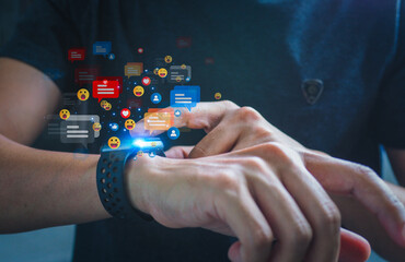 People watching video live streaming. Digital concept of data transfer and  social media communication and digital online, people use smart watch playing with icon online social.