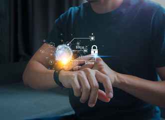 Data protection concept. Businessman using smart watch with digital Network. Cybersecurity and...