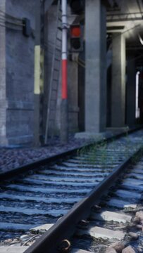 A view of derelict railway tracks leading through an underpass, with fading light casting shadows.