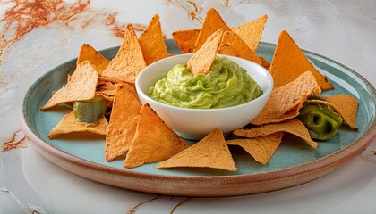Nachos and guacamole with salsa, Mexican Ecuadorian traditional food on dark background with copy space top view. Food menu or restaurant banner concept