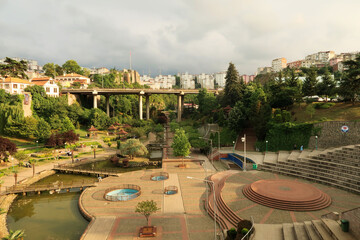 View from the Zagnos Pasha Bridge, Zagnos Pasa Köprüsü onto the Zagnos Valley Park, Zagnos Vadisi Parki, Trabzon, Turkey - obrazy, fototapety, plakaty
