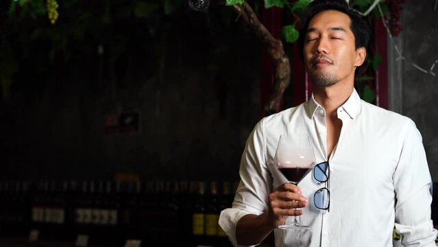 Japanese man, tourist, wine tasting, holding wine glass, tasting red wine, happy drinking wine in wine factory