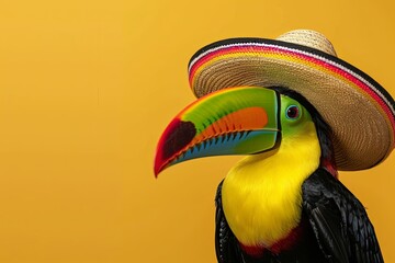 Naklejka premium toucan bird wearing traditional mexican sombrero hat, banner with copy space for text