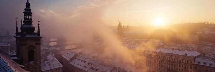 Beautiful historical buildings in winter with snow and fog in Prague city in Czech Republic in...